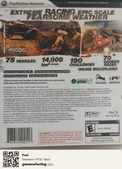 Fuel PlayStation 3, NTSC box back