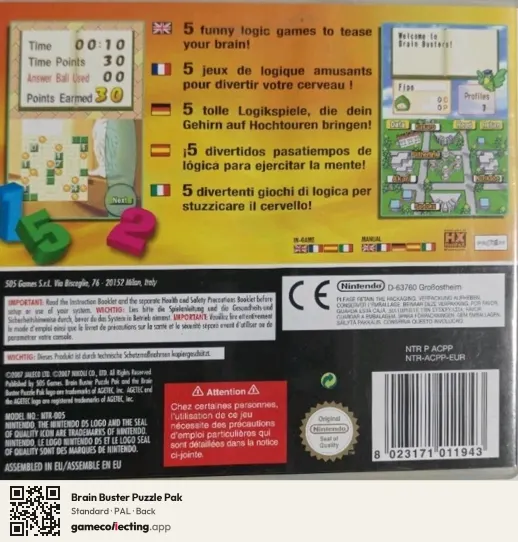 Brain Buster Puzzle Pak Nintendo DS, PAL box back