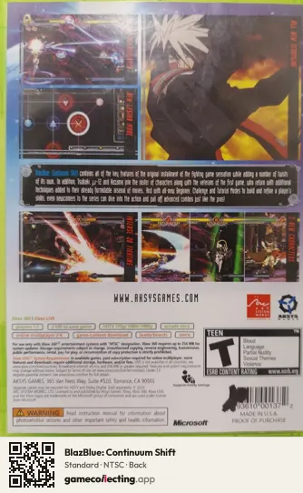 BlazBlue: Continuum Shift Xbox 360, NTSC box back