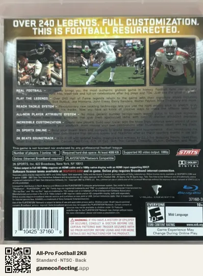 All-Pro Football 2K8 PlayStation 3, NTSC box back