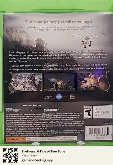 Brothers: A Tale of Two Sons Xbox One, NTSC box back