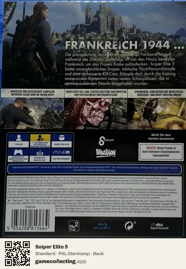 Sniper Elite 5 PlayStation 4, Germany box back
