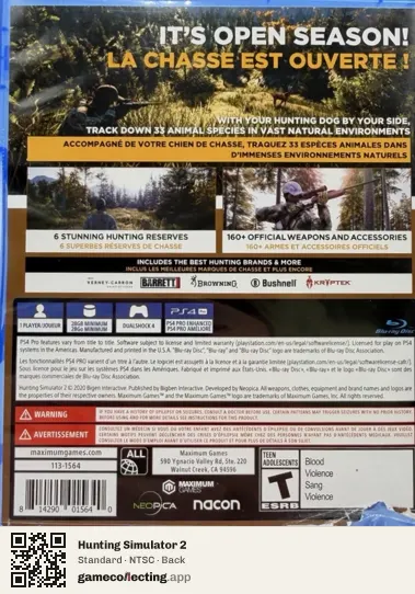 Hunting Simulator 2 PlayStation 4, NTSC box back