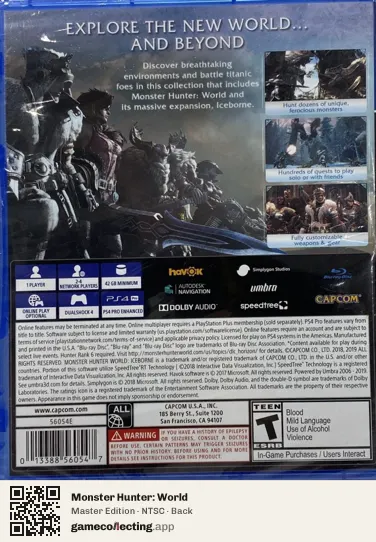 Monster Hunter: World PlayStation 4, NTSC box back