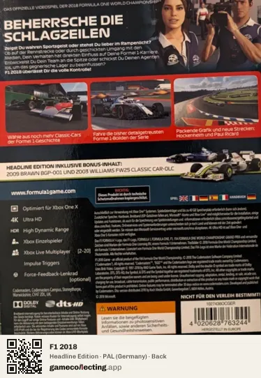 F1 2018 Xbox One, Germany box back