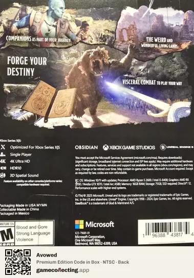 Avowed Xbox Series X, NTSC box back