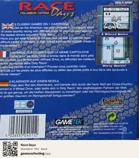 Race Days Game Boy, PAL box back