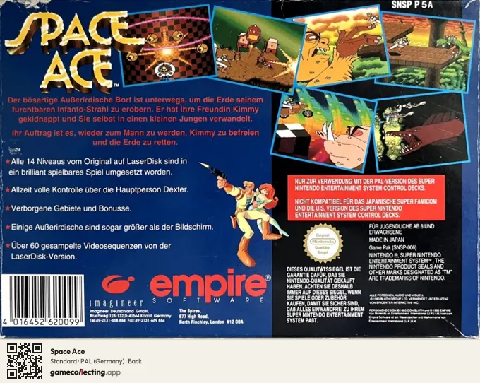 Space Ace Super Nintendo Entertainment System, Germany box back