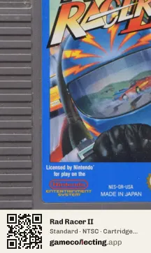 Rad Racer II Nintendo Entertainment System, NTSC cartridge label