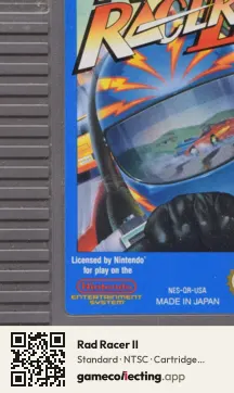 Rad Racer II Nintendo Entertainment System, NTSC cartridge label