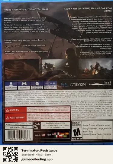 Terminator: Resistance PlayStation 4, NTSC box back