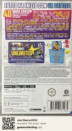 Just Dance 2019 Nintendo Switch, Italy box back