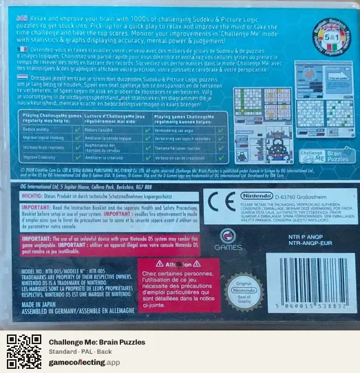 Challenge Me: Brain Puzzles Nintendo DS, PAL box back