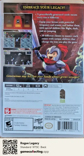 Rogue Legacy Nintendo Switch, NTSC box back