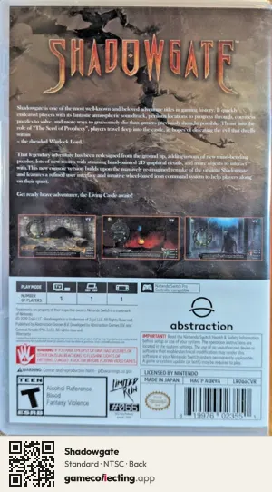 Shadowgate Nintendo Switch, NTSC box back