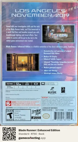 Blade Runner: Enhanced Edition Nintendo Switch, NTSC box back
