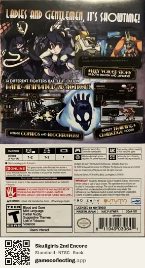 Skullgirls 2nd Encore Nintendo Switch, NTSC box back