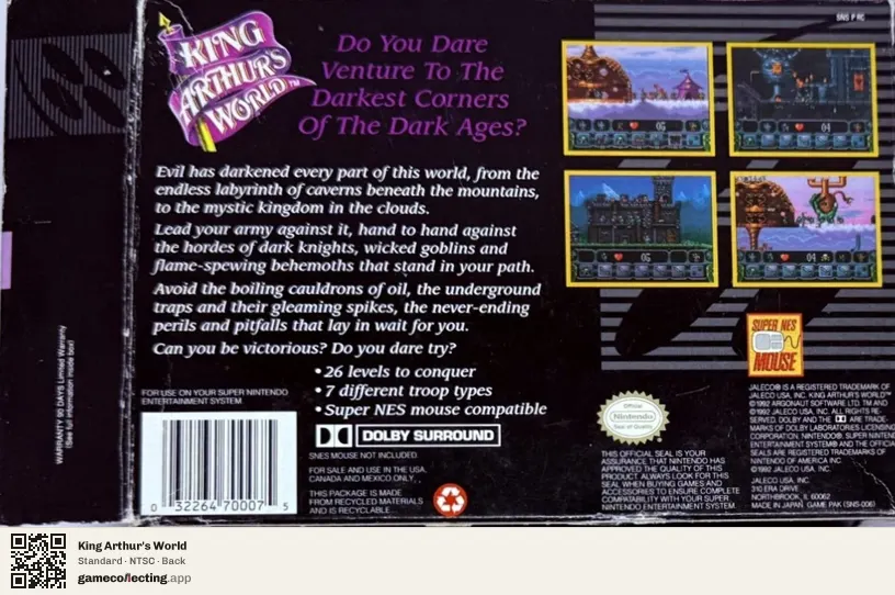 King Arthur's World Super Nintendo Entertainment System, NTSC box back