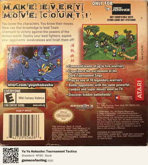 Yu Yu Hakusho: Tournament Tactics Game Boy Advance, NTSC box back
