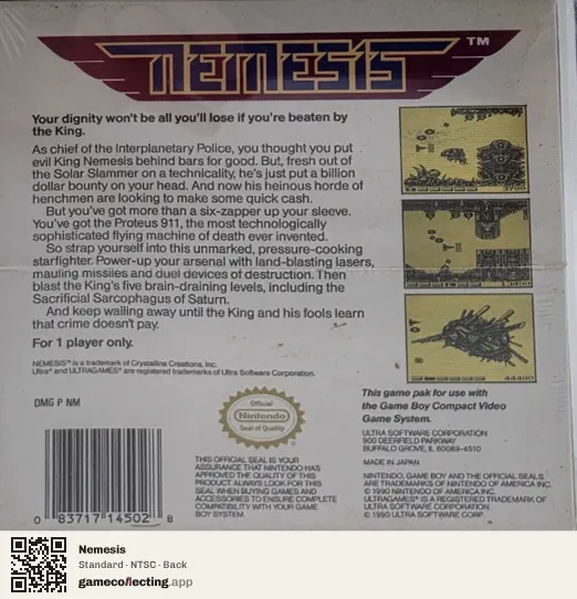 Nemesis Game Boy, NTSC box back