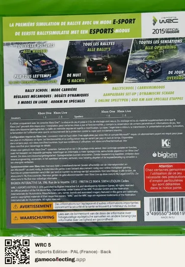 WRC 5 Xbox One, France box back