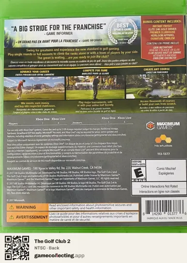 The Golf Club 2 Xbox One, NTSC box back