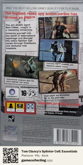 Tom Clancy's Splinter Cell: Essentials PlayStation Portable, PAL box back
