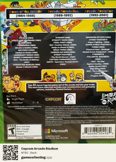 Capcom Arcade Stadium Xbox One, NTSC box back