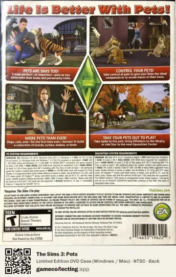 The Sims 3: Pets Computer, NTSC box back