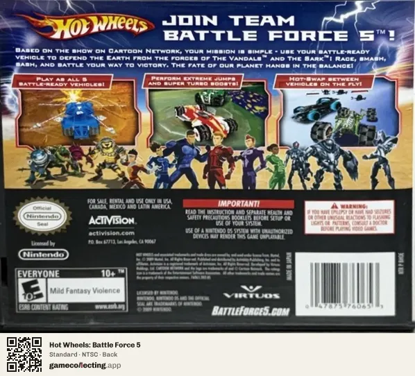 Hot Wheels: Battle Force 5 Nintendo DS, NTSC box back