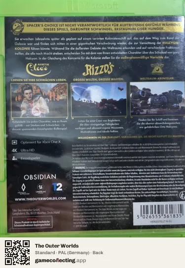 The Outer Worlds Xbox One, Germany box back
