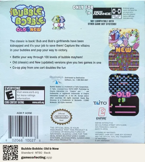 Bubble Bobble: Old & New Game Boy Advance, NTSC box back