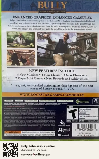 Bully: Scholarship Edition Xbox 360, NTSC box back
