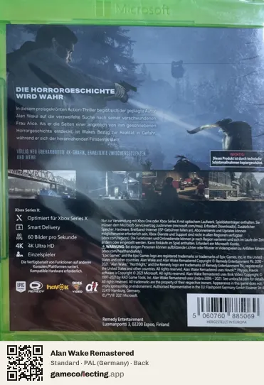 Alan Wake Remastered Xbox Series X, Germany box back