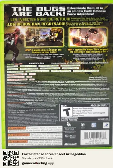 Earth Defense Force: Insect Armageddon Xbox 360, NTSC box back