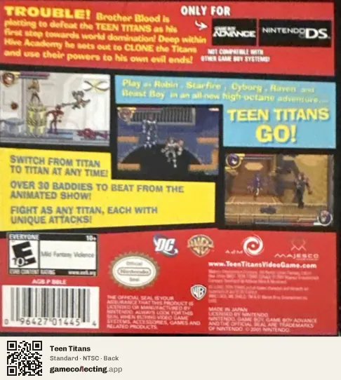 Teen Titans Game Boy Advance, NTSC box back