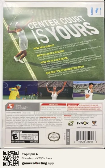 Top Spin 4 Nintendo Wii, NTSC box back
