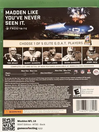 Madden NFL 18 Xbox One, NTSC box back