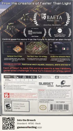 Into the Breach Nintendo Switch, NTSC box back
