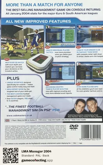 LMA Manager 2004 PlayStation 2, PAL box back