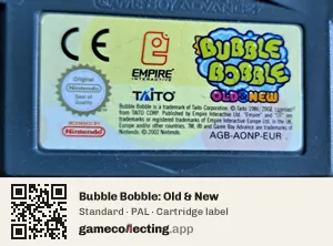Bubble Bobble: Old & New Game Boy Advance, PAL cartridge label