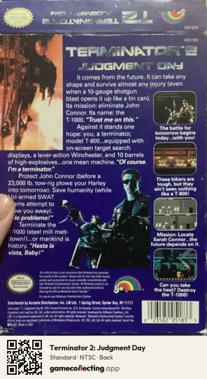 Terminator 2: Judgment Day Nintendo Entertainment System, NTSC box back