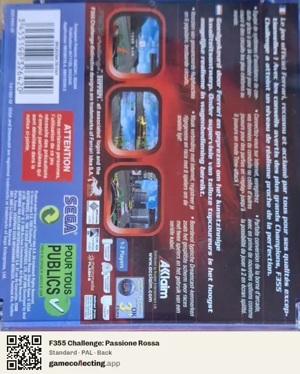 F355 Challenge: Passione Rossa Sega Dreamcast, PAL box back