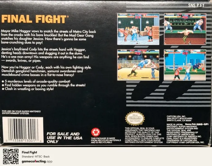 Final Fight Super Nintendo Entertainment System, NTSC box back