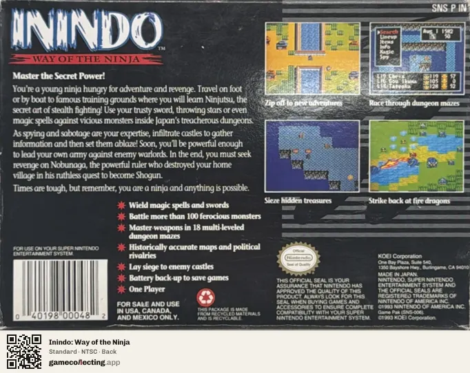 Inindo: Way of the Ninja Super Nintendo Entertainment System, NTSC box back