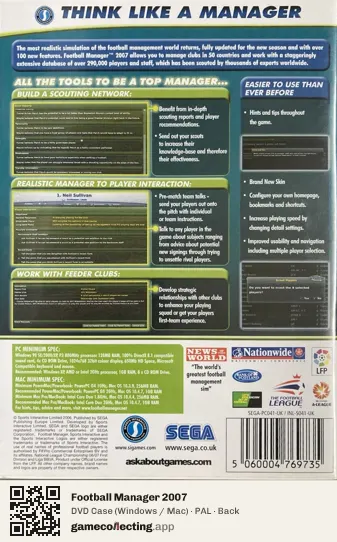 Football Manager 2007 Computer, PAL box back