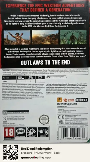 Red Dead Redemption Nintendo Switch, Germany box back