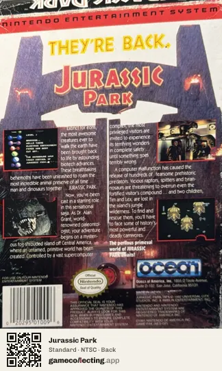 Jurassic Park Nintendo Entertainment System, NTSC box back