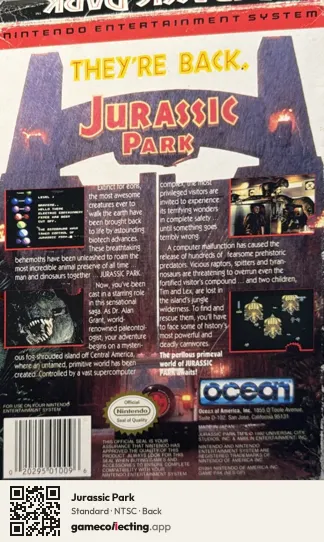 Jurassic Park Nintendo Entertainment System, NTSC box back