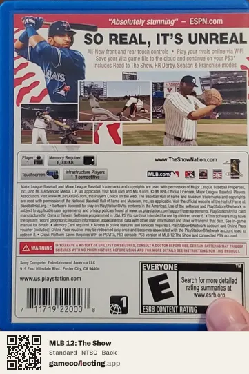 MLB 12: The Show PlayStation Vita, NTSC box back